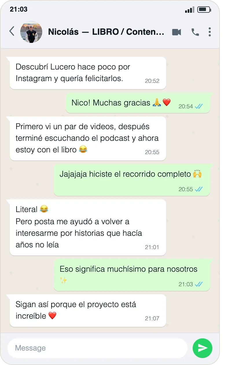 Captura de WhatsApp: mensaje de Nicolás sobre Lucero